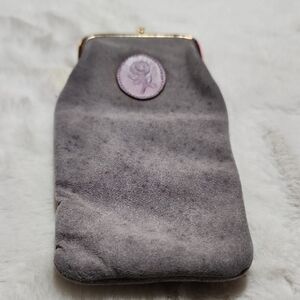 Gray Suede Clutch with Purple Rose Detail. ROLFS SNAP CLOSURE.